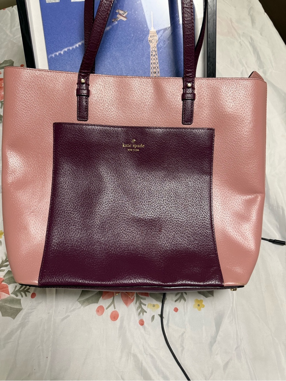 kate spade Two-Tone Pink and Plum Leather Tote with Exterior Pocket